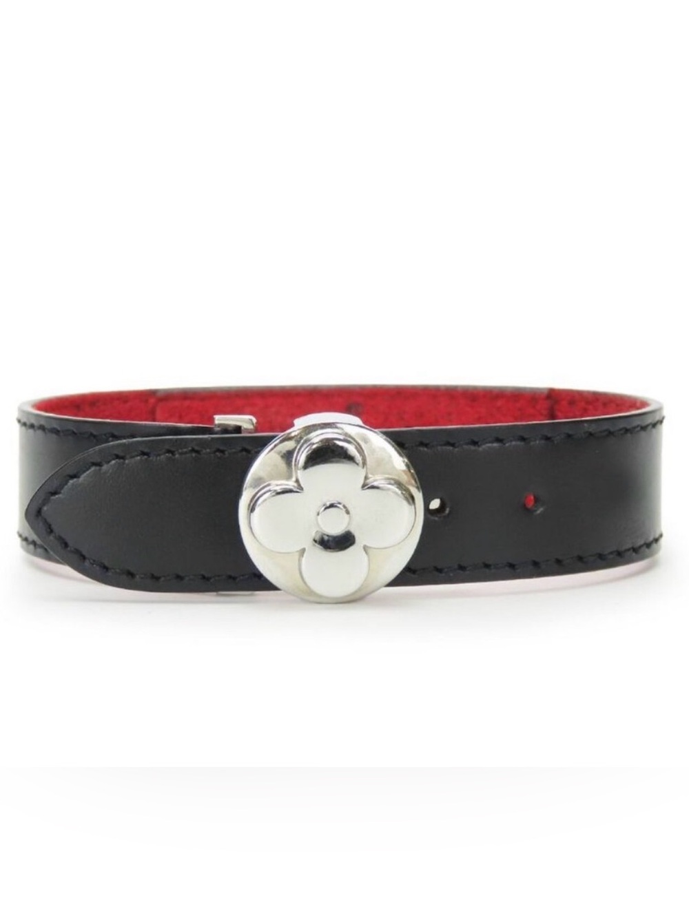 Louis Vuitton Black Leather Bracelet with Silver Camellia and Red Lining